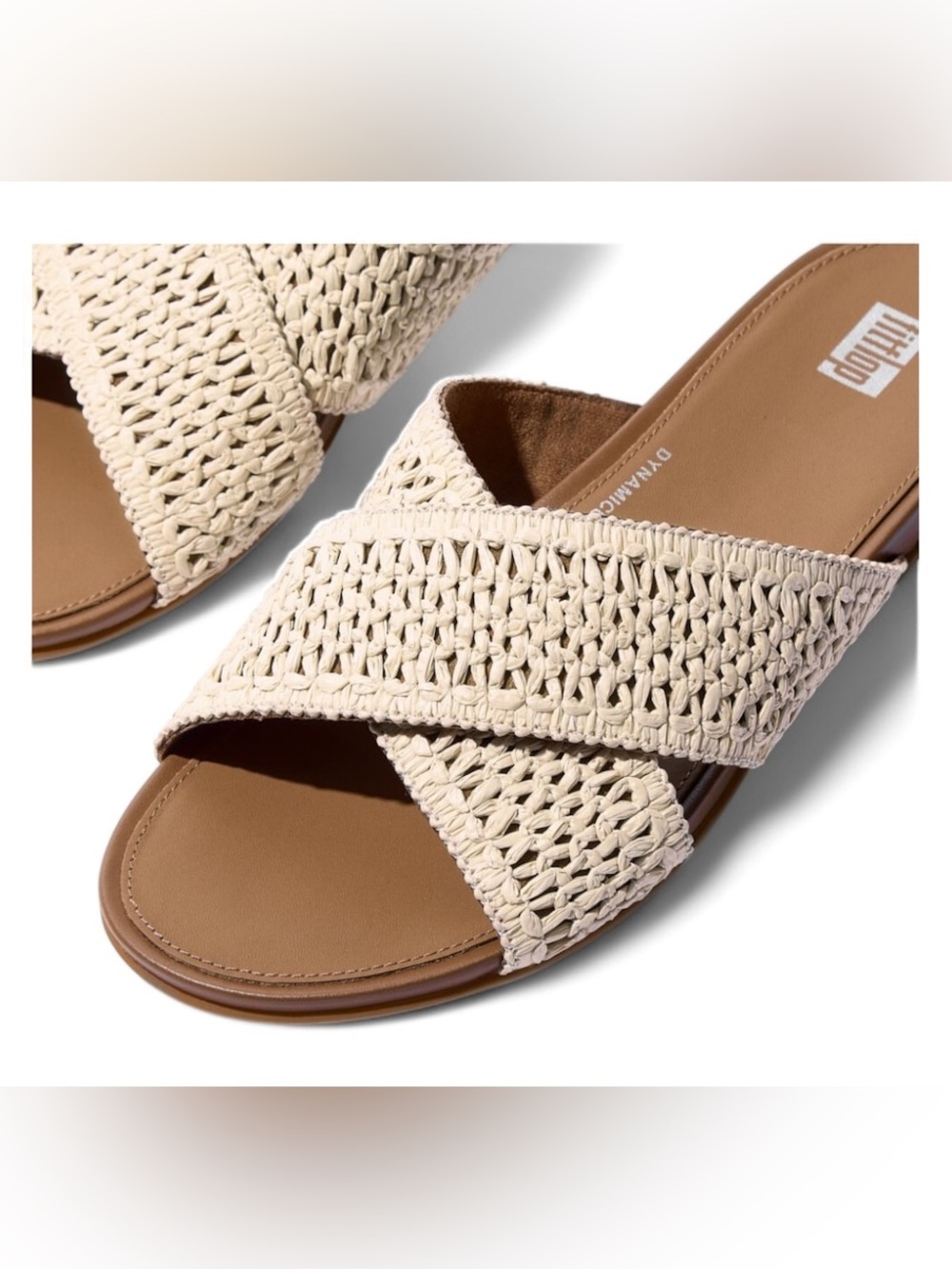 FitFlop Gracie Cream Raffia Cross Band Leather Slides Summer Sandals size 9/41